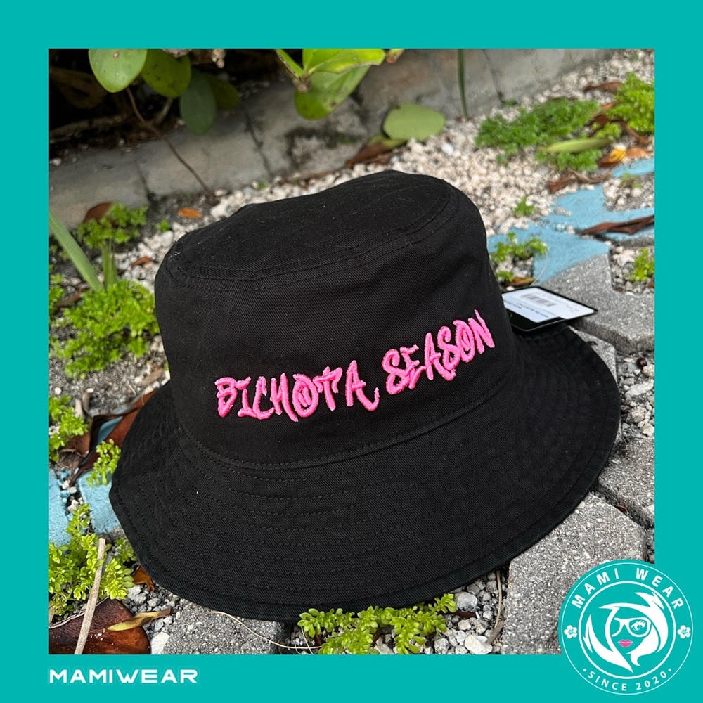 Karol G Bichota Season Black Bucket Hat with Pink Letters